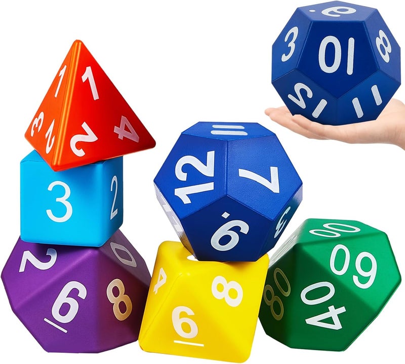 Arrowbash 6 Pcs Jumbo Polyhedra Dice 3.94 Inch Jumbo Foam Polyhedral Dice 6 Set 4, 6, 8, 10, 12 Sides Gifts for Games Teach Numbers Addition Subtraction Probability Learning, Multicolor - Image 1